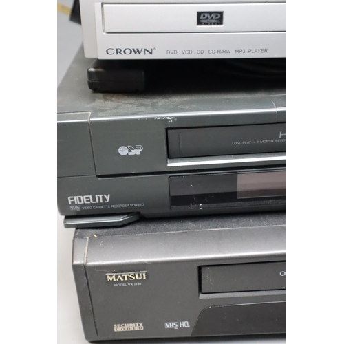 817 - Fidelity VHS video recorder with remote, Crown DVD player, Nikkai free view box with remote and a Ma... 