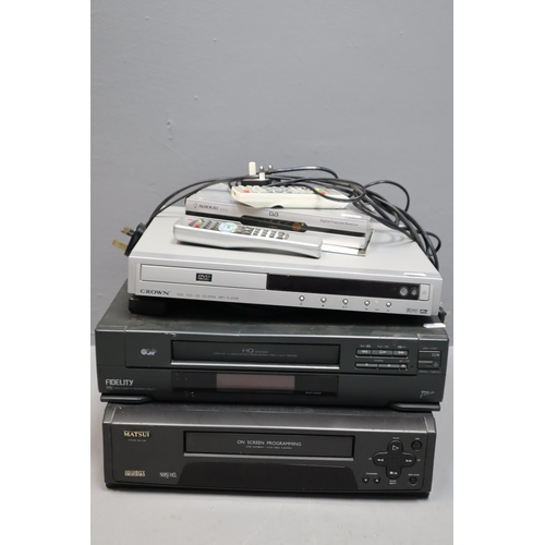 817 - Fidelity VHS video recorder with remote, Crown DVD player, Nikkai free view box with remote and a Ma... 