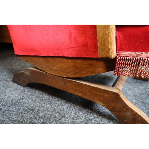 684 - Early Fine Quality Vintage Oak Framed Wing Backed Rocking Chair in Button Backed red Velvet Dressed ... 