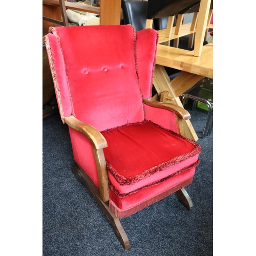 684 - Early Fine Quality Vintage Oak Framed Wing Backed Rocking Chair in Button Backed red Velvet Dressed ... 