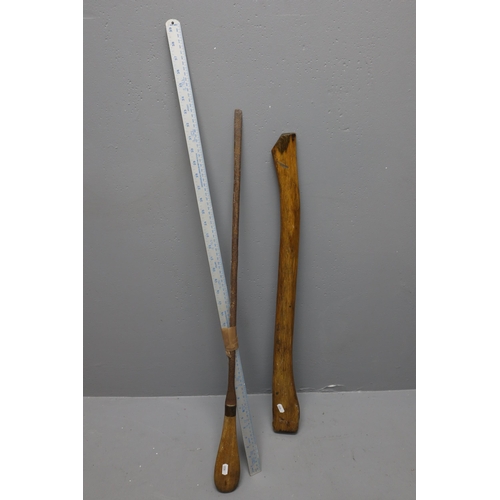 718 - Vintage Long Reach Slotted Screwdriver with Wooden Pick Axe Handle and Metre Stick