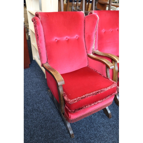 685 - Early Fine Quality Vintage Oak Framed Wing Backed Rocking Chair in Button Backed red Velvet Dressed ... 