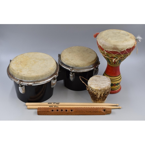 825 - Three Drums (Set of Bongos, and Two Others) With Two Stagg Drumsticks and Carved Wooden Recorder