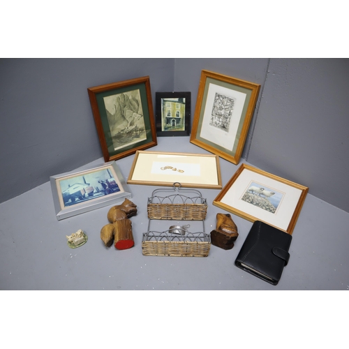 836 - Mixed Selection including Framed and Glazed Prints, Wall Rack, Wooden Figures and More