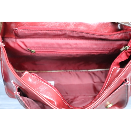 752 - Brand New with Tag Designer Leatherette Satchel Bag Complete with Shoulder Strap in Red and Light Br... 