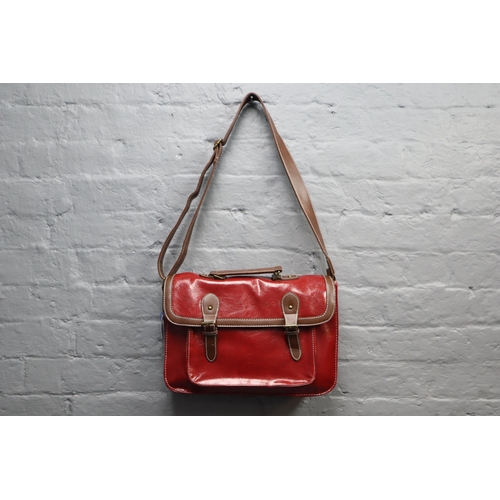 752 - Brand New with Tag Designer Leatherette Satchel Bag Complete with Shoulder Strap in Red and Light Br... 