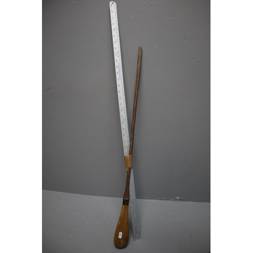 718 - Vintage Long Reach Slotted Screwdriver with Wooden Pick Axe Handle and Metre Stick