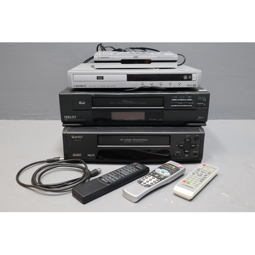 817 - Fidelity VHS video recorder with remote, Crown DVD player, Nikkai free view box with remote and a Ma... 