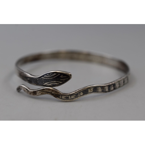 21 - Art Deco 1930s Egyptian Revival Serpent Silver Bracelet with Box