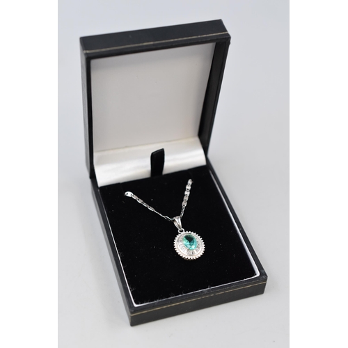 30 - Silver 925, Clear & Green Stoned Pendant on Flat Mariner Chain, Complete with Presentation Box