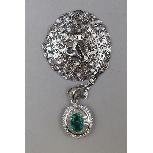 30 - Silver 925, Clear & Green Stoned Pendant on Flat Mariner Chain, Complete with Presentation Box