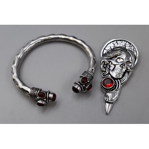 37 - A Day of The Dead Style 925. Silver Mozambique Garnet Stoned Bangle and Pendant