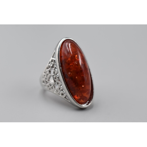 39 - A 925. Silver Amber Stoned Ring, In Presentation Box