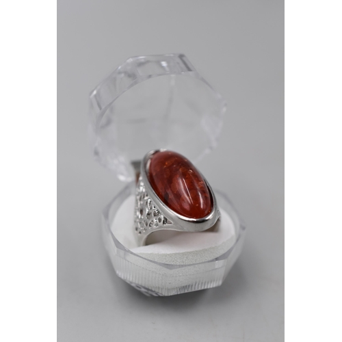 39 - A 925. Silver Amber Stoned Ring, In Presentation Box