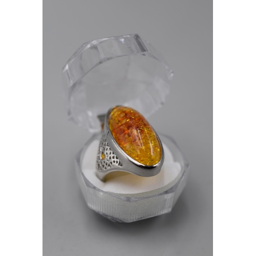 40 - An Amber Stoned 925. Silver Ring, In Presentation Box