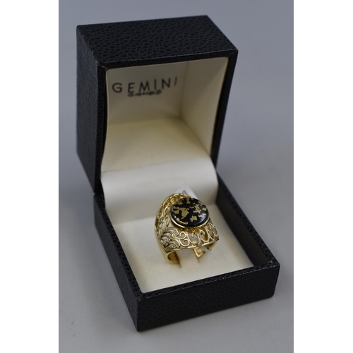 215 - 925 Sterling Silver, Large Black & Gold Ring, Size S, Complete with Presentation Box