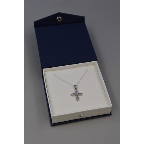 230 - Silver 925, Clear & Lilac Stoned Cross Pendant Necklace, Complete with Presentation Box