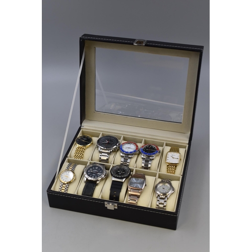 83 - Ten Gents Quartz Watches in Watch Presentation Box. All In Working Order