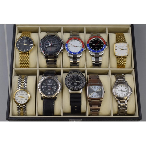 83 - Ten Gents Quartz Watches in Watch Presentation Box. All In Working Order