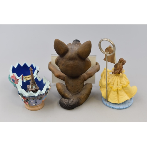 236 - Three Collectible Figures, Belle ( Beauty and The Beast Photo Holder ) Wolf/Coyote Photo Holder and ... 