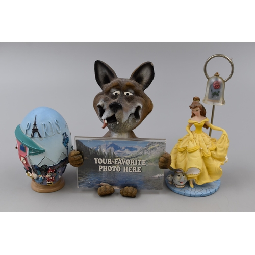 236 - Three Collectible Figures, Belle ( Beauty and The Beast Photo Holder ) Wolf/Coyote Photo Holder and ... 