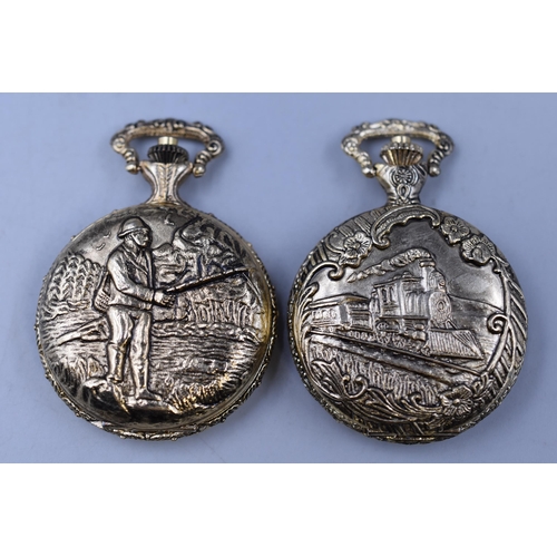 91 - Two Mechanical Pocket Watches, Depicts A Train and A Fisherman. Both in Working Order