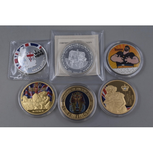 114 - Selection of 6 Medallions including Silver Plated Royal History, Enamelled and Tower Bridge London