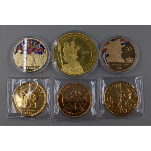 115 - Selection of 6 Gold Plated Medallions including Enamelled Isle of Man, Diamond Jubilee and More