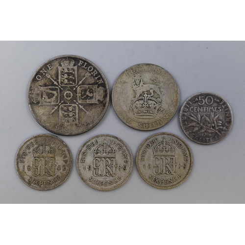 123 - A Selection of Silver Coinage To Include 1916 French 50 Centimes, Three Silver UK Sixpences (1939 x2... 