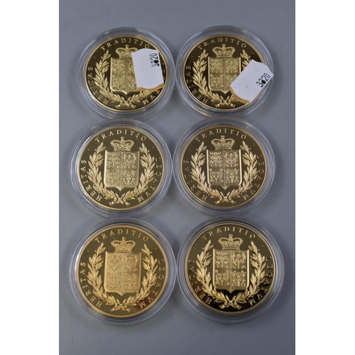 129 - Set of 6 Gold Plated Photographic Elizabeth II Crowns (45mm Dia) complete with Capsules