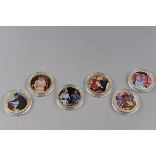 129 - Set of 6 Gold Plated Photographic Elizabeth II Crowns (45mm Dia) complete with Capsules