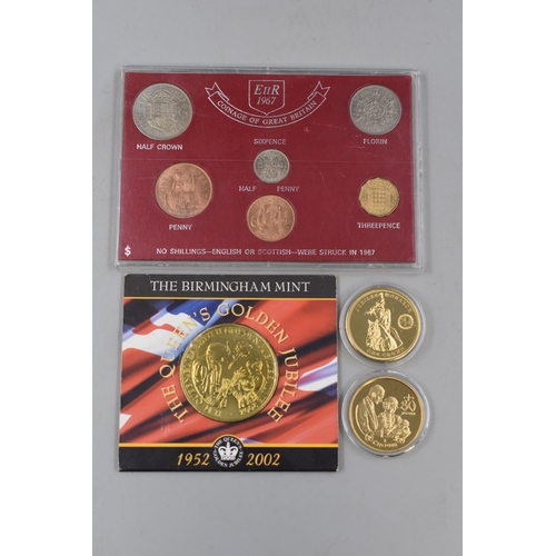 132 - Elizabeth II 1967 Coin Set and Three Gold Plated Medallions