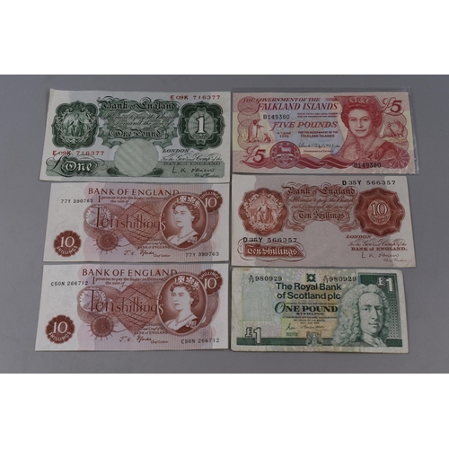 141 - Selection of 6 Banknotes including 3 Ten Shillings, Falkland Islands, and £1 Notes