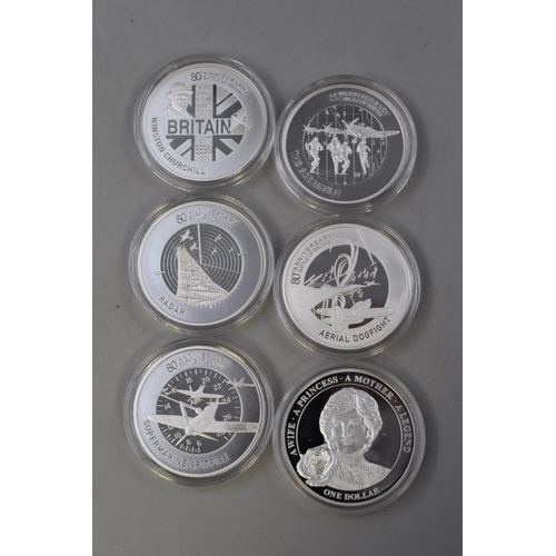 145 - Five Alderney Silver Plated Battle of Britain Anniversary Coins and a Niue Island 2011 One Dollar