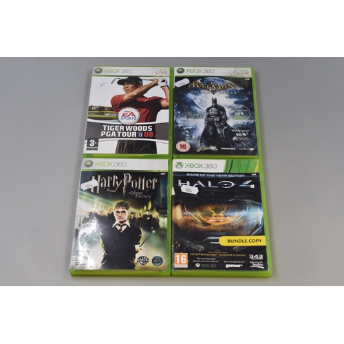 164 - Four Xbox360 games to include: Tiger Woods PGA Tour 08, Batman Arkham Asylum, Harry Potter and Halo ... 