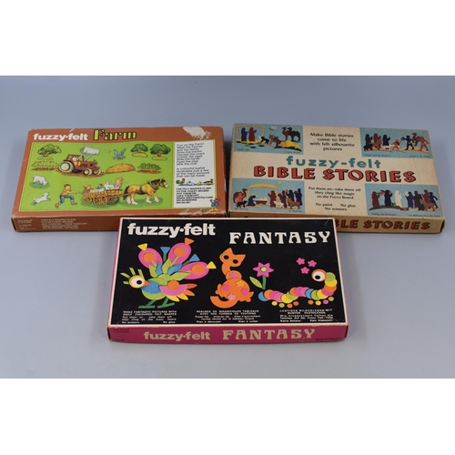 530 - Three Boxed Vintage Fuzzy Felt Games to include Fantasy, Farm and Bible Stories all seem to be compl... 