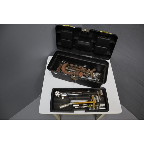 724 - A Stanley Toolbox With A Selection of Tools. Includes Socket Set, Spanners, And G Clamps