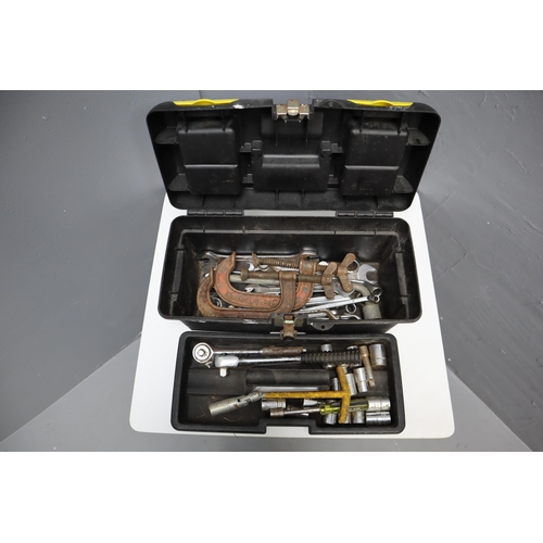 724 - A Stanley Toolbox With A Selection of Tools. Includes Socket Set, Spanners, And G Clamps