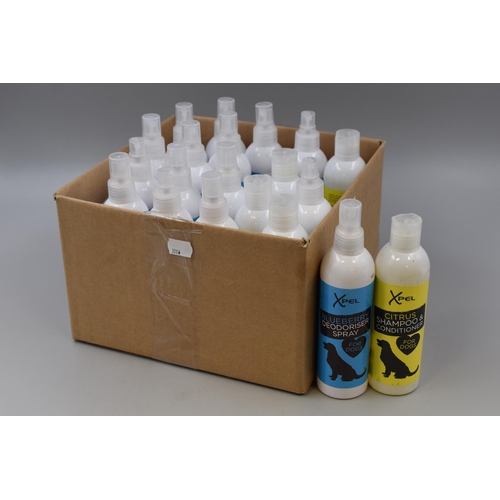 728 - Twenty Bottles of Xpel Dog Treatments (15 Dog Blueberry Deodoriser, And 5 Citrus Shampoo and Conditi... 