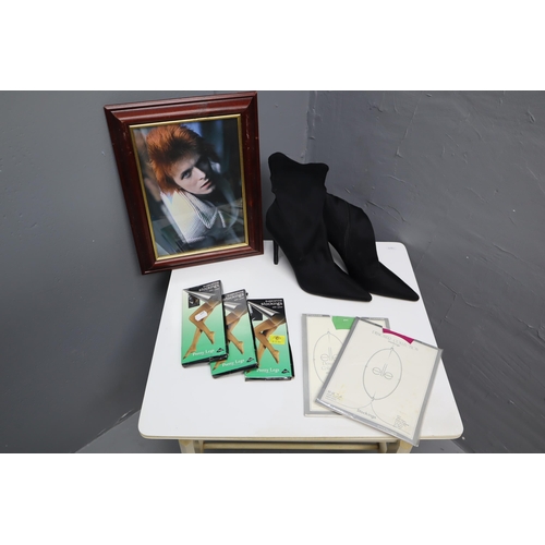 626 - Five Pairs of Stockings, A Pair of Size 8 High Heel Boots, And Framed and Glazed Photo of David Bowi... 