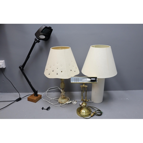 738 - Four Lamps To Include Marble Base Lamp, Contemporary White Ceramic Lamp, Brass Desk Lamp, And Anglep... 