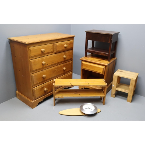 630 - A Selection of Wooden Household Items. Includes Pine Chest of Two Over Three Drawers, Pine Bedside T... 