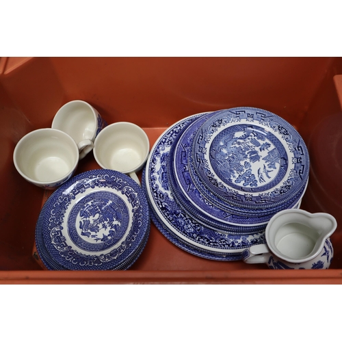 870 - Two Boxes of Old Willow Style Blue and White Ceramic Tea/Dinner Service. Includes Churchill, Jason W... 