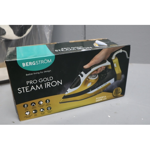 677 - A Black and White Cow Print Ironing Board, With A BergStrom Pro Gold Steam Iron (Untested As Sealed/... 