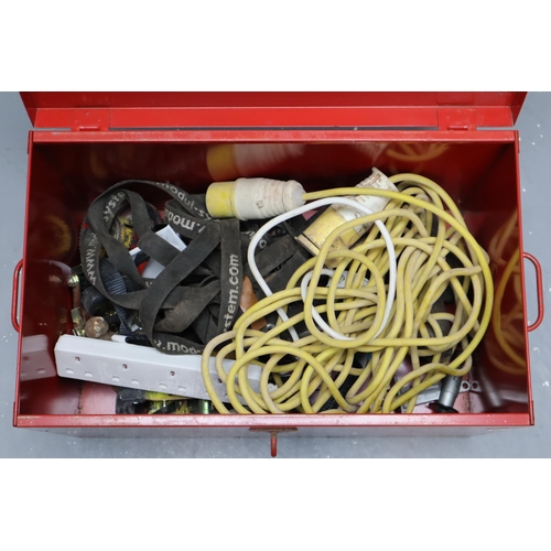 648 - A Red Metal Toolbox With A Selection of Tools To Include Ratchet Strap, Extension Lead, Hammers, And... 