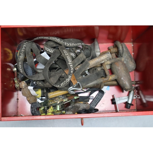 648 - A Red Metal Toolbox With A Selection of Tools To Include Ratchet Strap, Extension Lead, Hammers, And... 