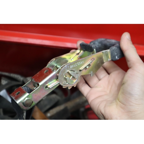 648 - A Red Metal Toolbox With A Selection of Tools To Include Ratchet Strap, Extension Lead, Hammers, And... 