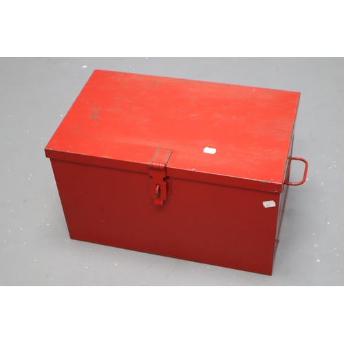 648 - A Red Metal Toolbox With A Selection of Tools To Include Ratchet Strap, Extension Lead, Hammers, And... 