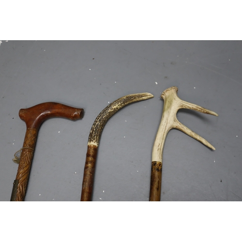 689 - Selection Including 2 Deer Antlers Walking Sticks and Wooden Hand-Carved Walking Stick