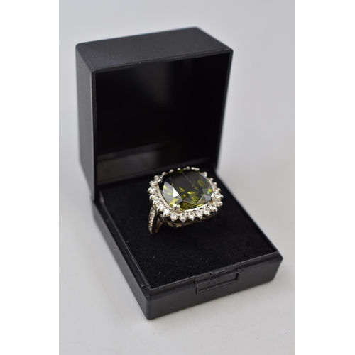 8 - Silver 925, Large Green Stoned Ring Complete with Presentation Box